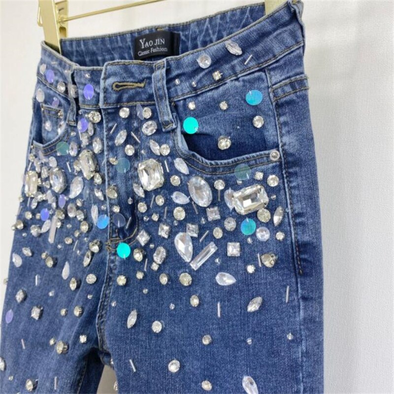 Beads pencil pants women&s jeans autumn new elastic rhinestones pencil pants skinny trousers